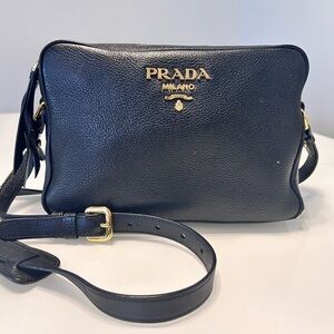 Prada Vitello Double Zip Black Leather Crossbody Bag
